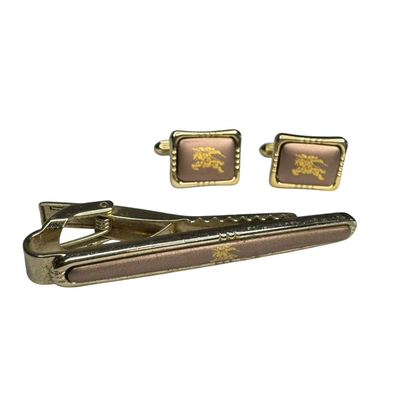 Burberrys Vintage Gold and Brown Cufflinks and Tie Clip Set - Picture 1 of 4